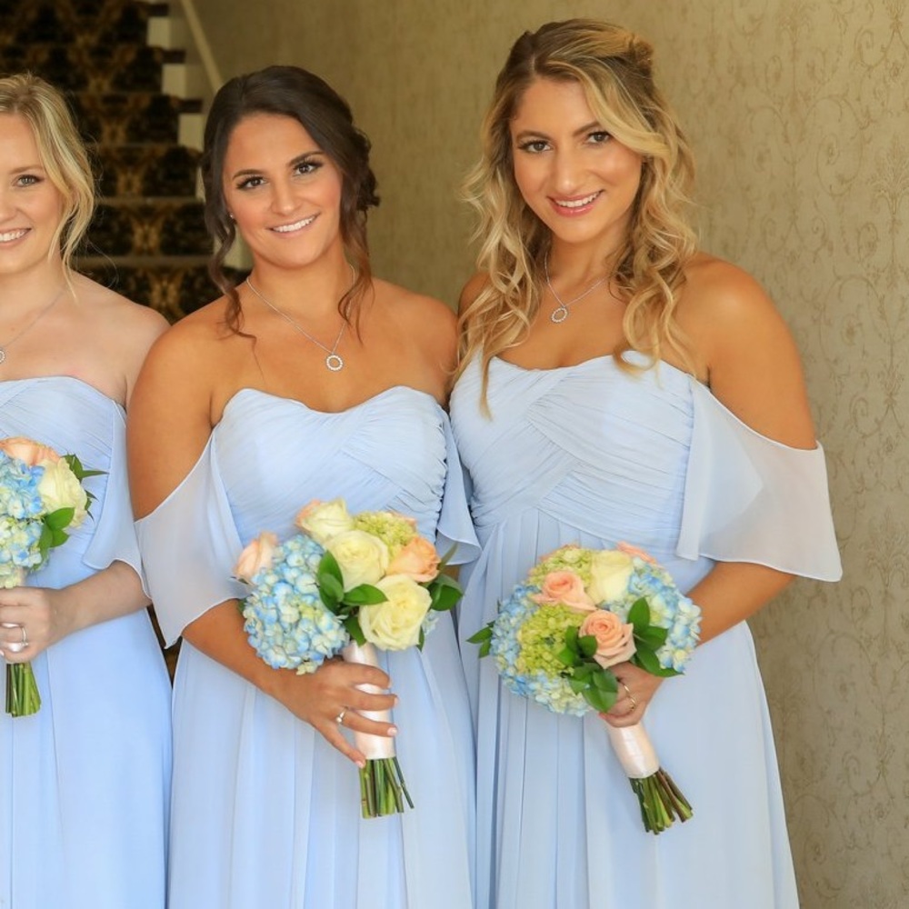 Mori Lee Off the Shoulder Bridesmaid Dress in Sky